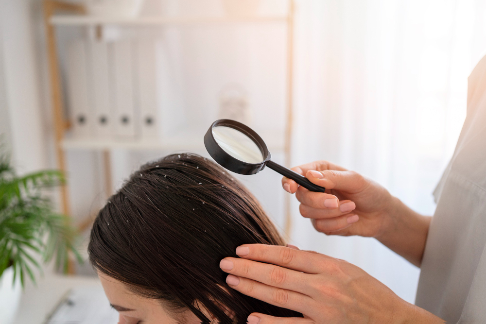 Person analysing a woman's scalp with visible dandruff causes with a microscope mirror